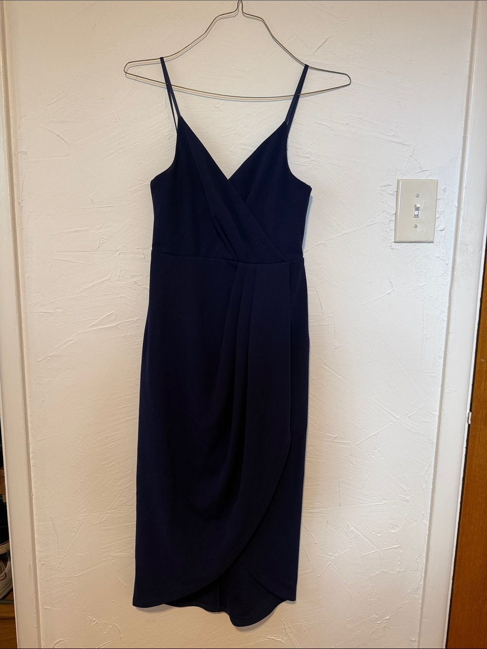 Lulu's Navy Wrap-Front Midi Dress with Spaghetti Straps
